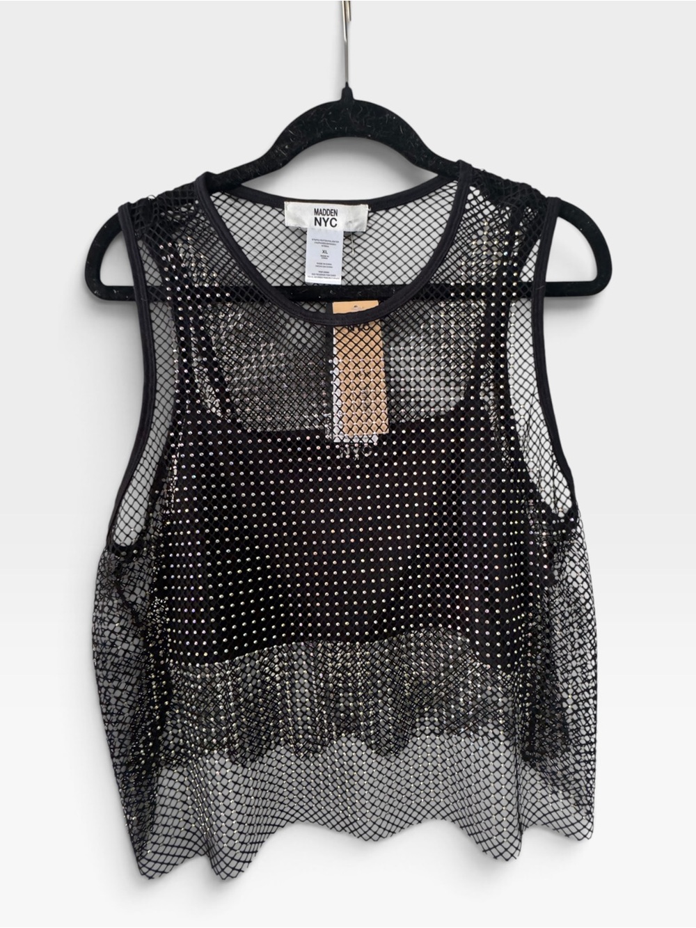 NEW Madden NYC Black Mesh Tank Top with Iridescent Stud Accents, XL